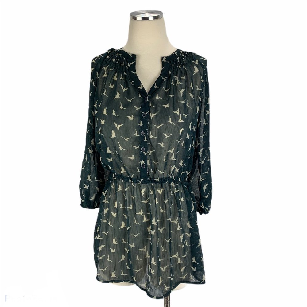 Mossimo Medium Navy Bird Sheer Blouse Boho